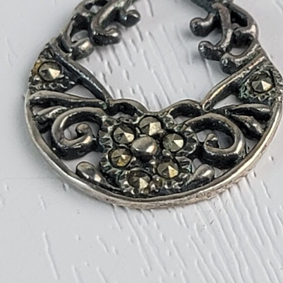 Vtg. Signed MO 925 Sterling Silver Marcasite Dangle Earrings 0.5" Pierced Hook - Picture 2 of 8